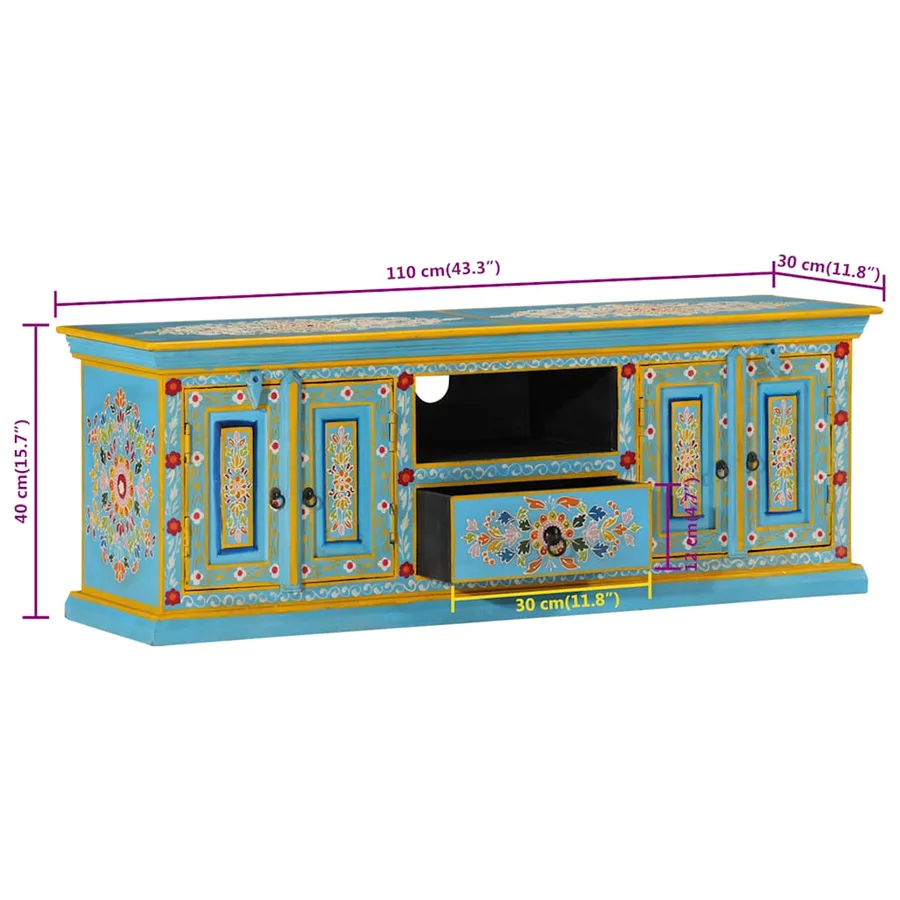 Meuble TV bleu 110x30x40 cm bois massif de manguier - 10