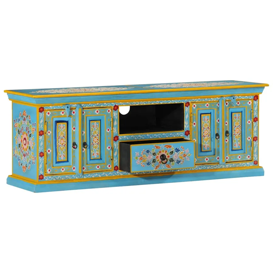 Meuble TV bleu 110x30x40 cm bois massif de manguier - 2