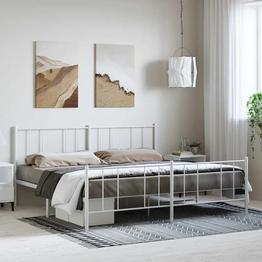 Cadre de lit métal sans matelas et pied de lit blanc 193x203 cm