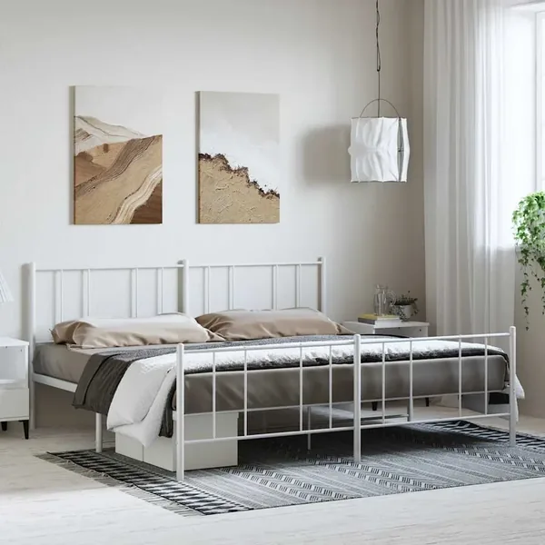 Cadre de lit métal sans matelas et pied de lit blanc 193x203 cm