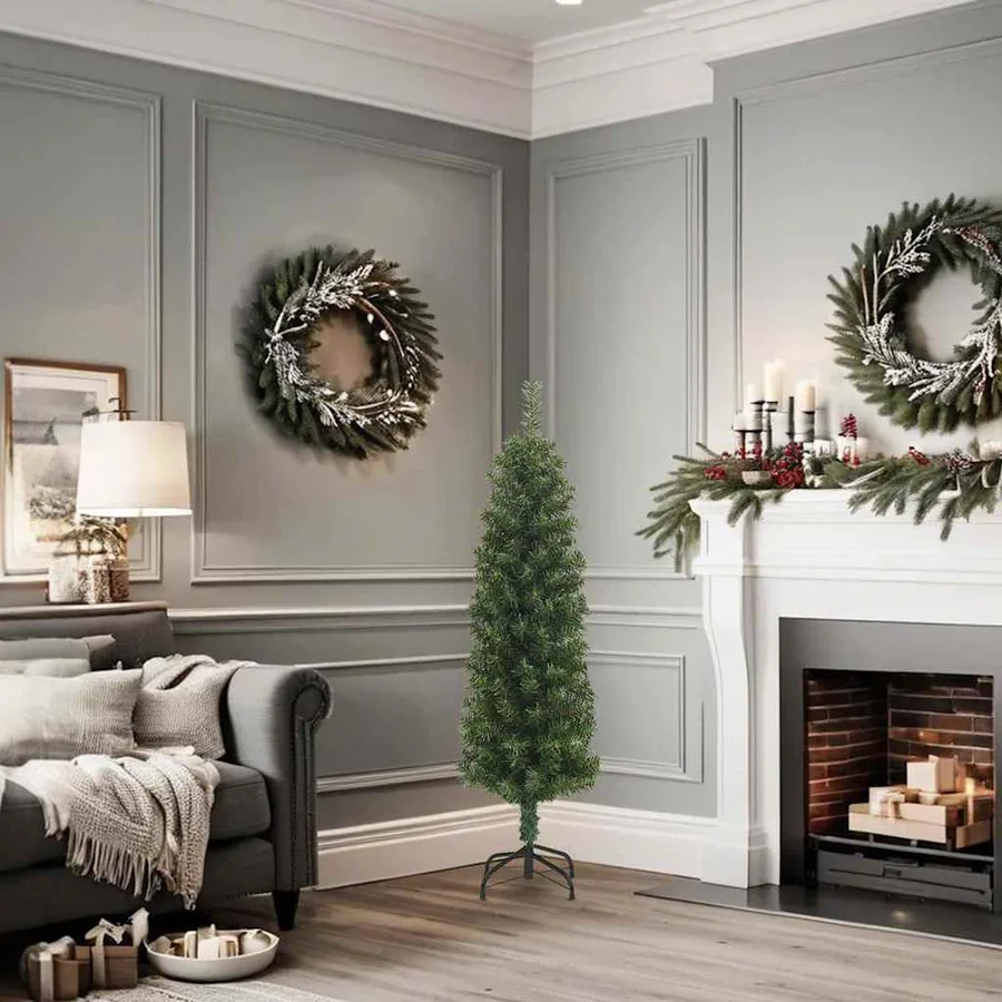 Sapin de Noël artificiel mince avec support vert 120 cm PVC - 2