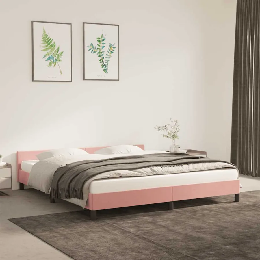 Cadre de lit et tête de lit sans matelas rose 180x200cm velours