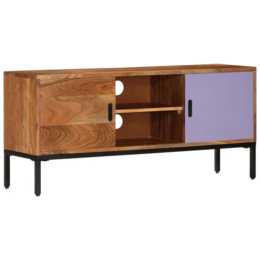 Meuble TV Marron miel et gris 110x30x50 cm Bois massif d'acacia - 13