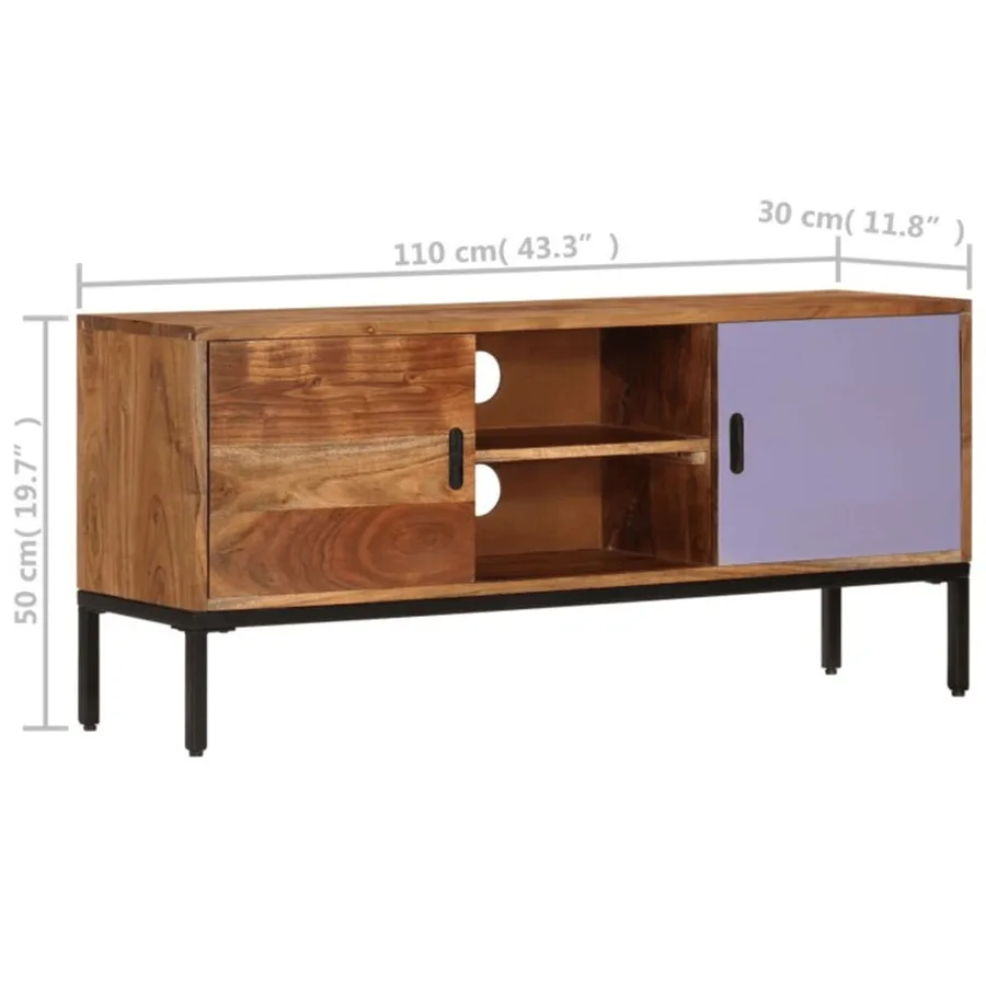 Meuble TV Marron miel et gris 110x30x50 cm Bois massif d'acacia - 9