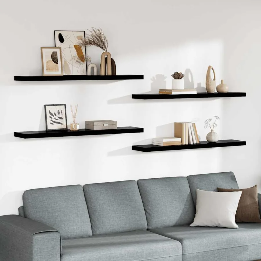 Étagère murale flottante 4 pcs Noir brillant 120x23,5x3,8cm MDF