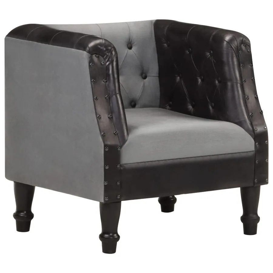 Chaise cabriolet Noir Cuir véritable et bois de manguier massif