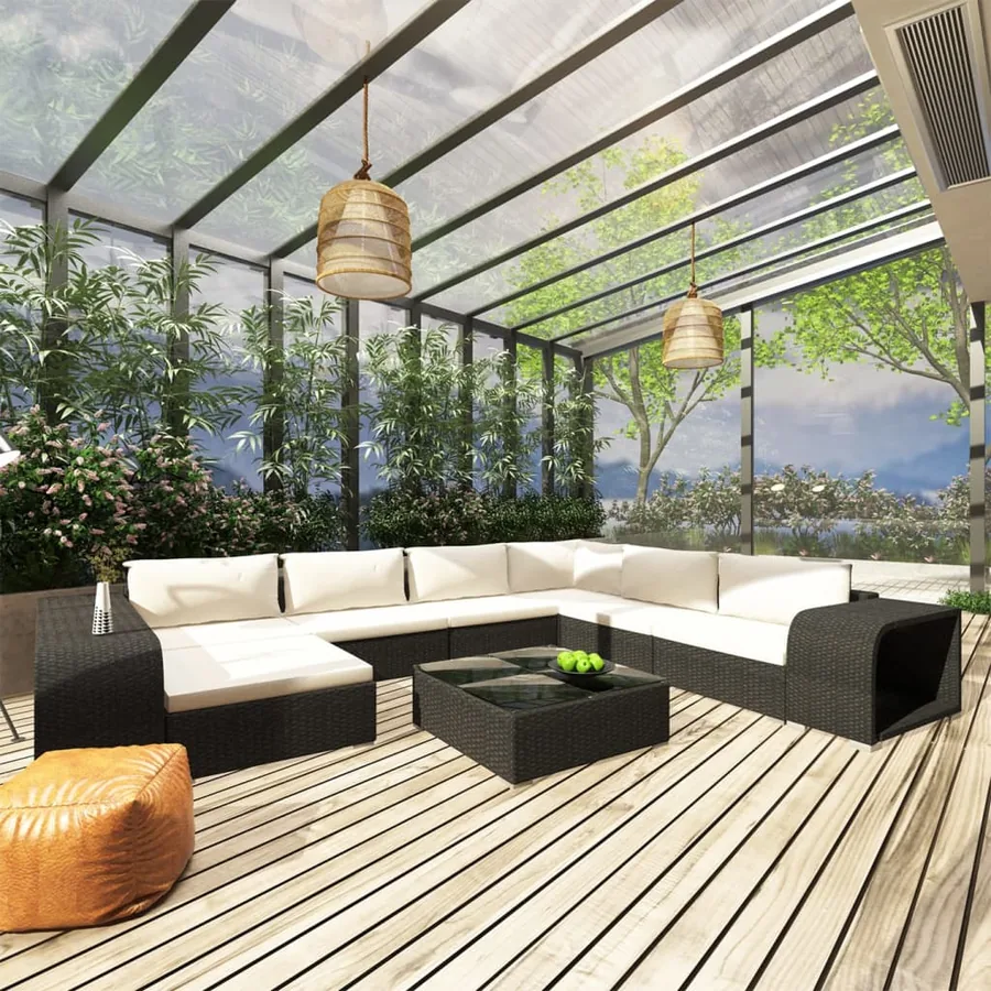 Salon de jardin 10 pcs avec coussins Résine tressée Noir