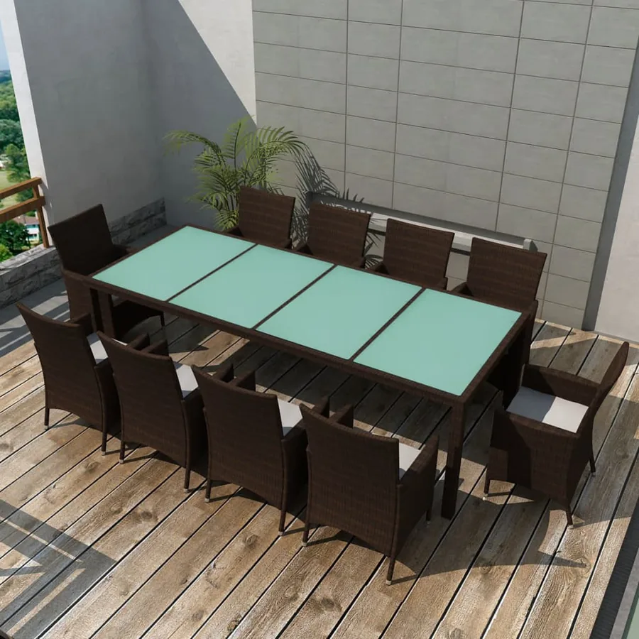 Ensemble à manger d'extérieur et coussins 11 pcs résine tressée