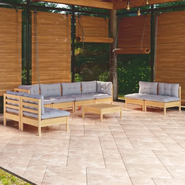 Salon de jardin 9 pcs avec coussins gris bois de pin massif