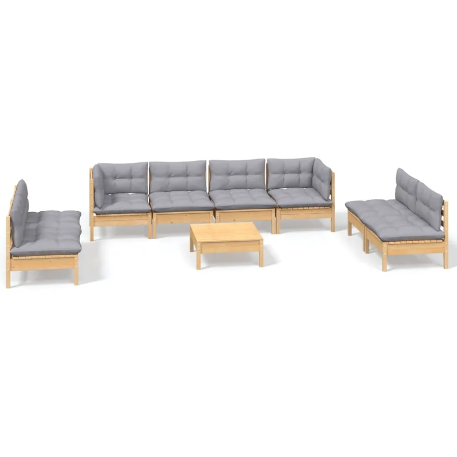 Salon de jardin 9 pcs avec coussins gris bois de pin massif - 2