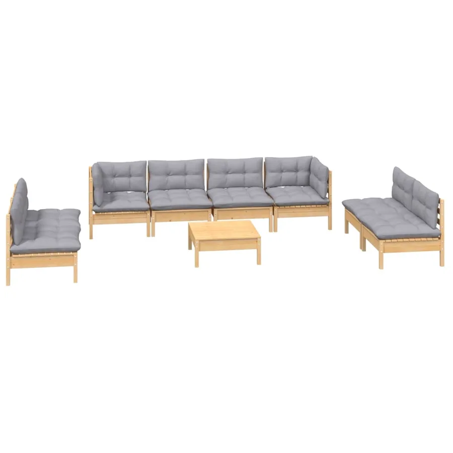 Salon de jardin 9 pcs avec coussins gris bois de pin massif - 3
