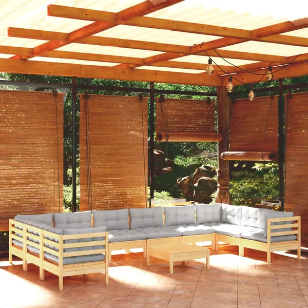 Salon de jardin 11 pcs avec coussins gris bois de pin