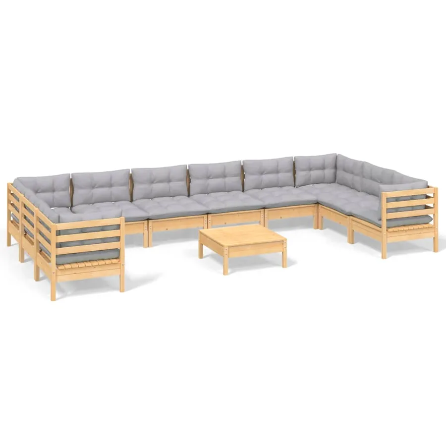 Salon de jardin 11 pcs avec coussins gris bois de pin - 2
