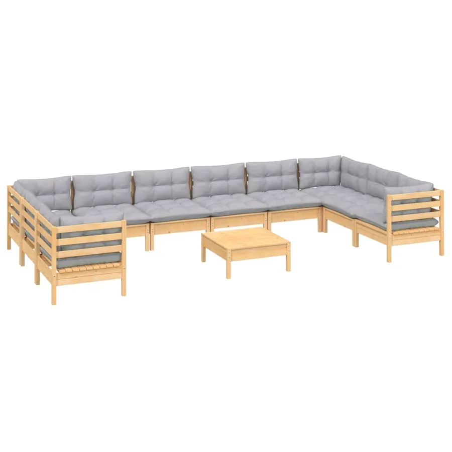 Salon de jardin 11 pcs avec coussins gris bois de pin - 3