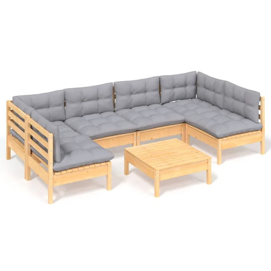 Salon de jardin 7 pcs avec coussins gris bois de pin massif - 2