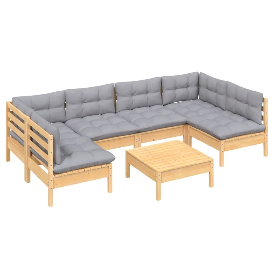 Salon de jardin 7 pcs avec coussins gris bois de pin massif - 3