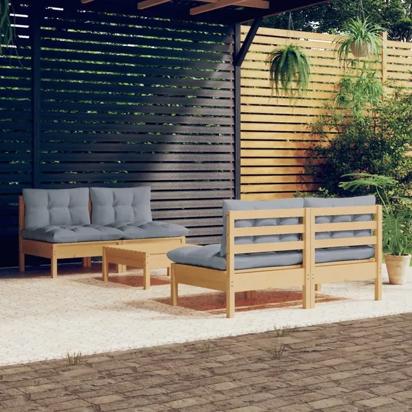 Salon de jardin 5 pcs avec coussins gris bois de pin