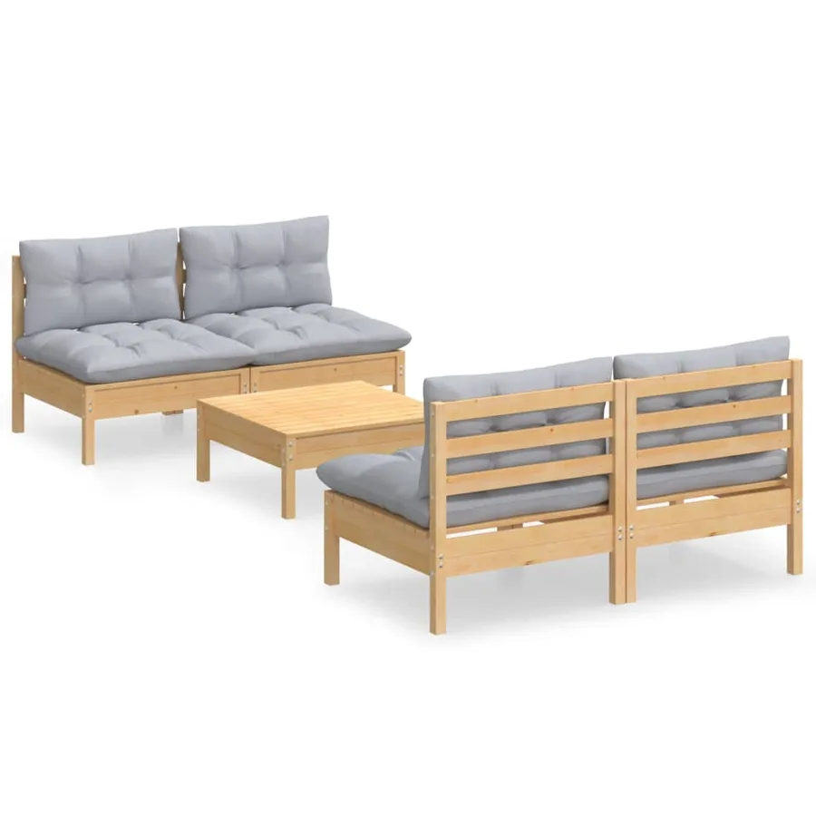 Salon de jardin 5 pcs avec coussins gris bois de pin - 2