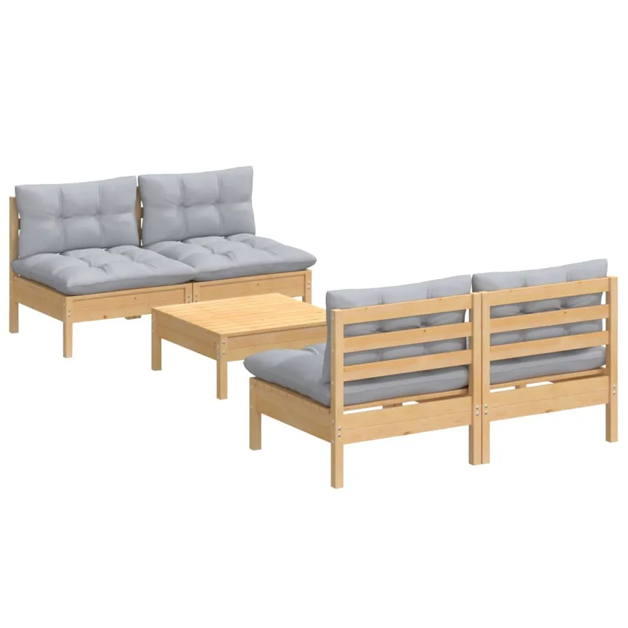 Salon de jardin 5 pcs avec coussins gris bois de pin - 3