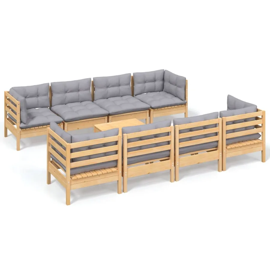 Salon de jardin 9 pcs avec coussins gris bois de pin massif - 2