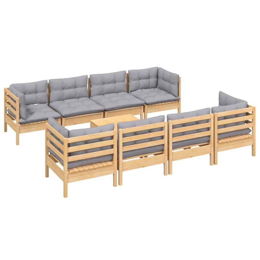 Salon de jardin 9 pcs avec coussins gris bois de pin massif - 3