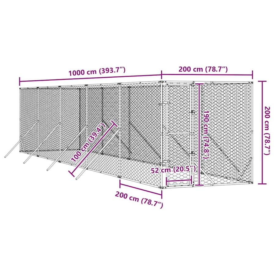 Chenil d'extérieur pour chiens argenté 2x10x2 m acier galvanisé - 8