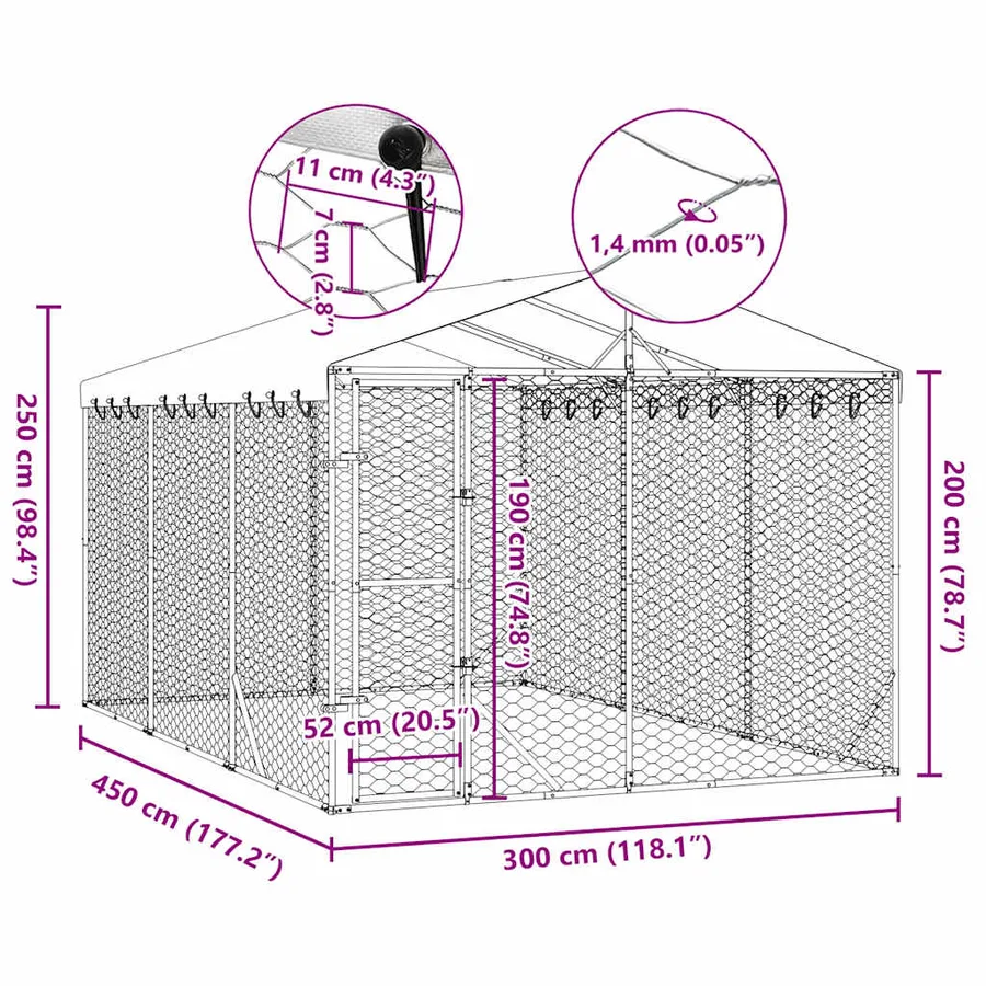 Chenil d'extérieur pour chiens avec toit argenté 3x4,5x2,5 m - 8