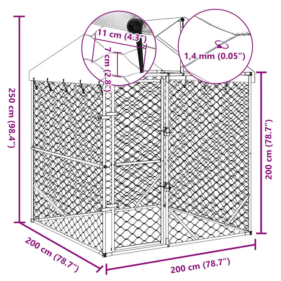 Chenil d'extérieur pour chiens avec toit argenté 2x2x2,5 m - 8