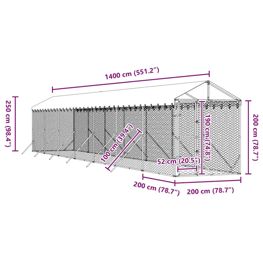 Chenil d'extérieur pour chiens avec toit argenté 2x14x2,5 m - 8