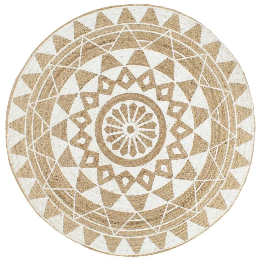 Tapis fait à la main Jute avec imprimé blanc 120 cm