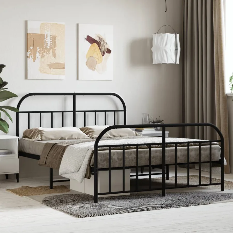 Cadre de lit métal sans matelas avec pied de lit noir 140x190cm