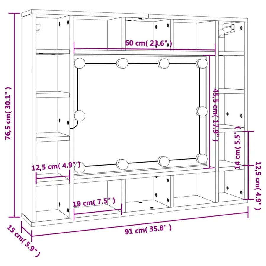 Armoire à miroir à LED noir 91x15x76,5 cm - 14