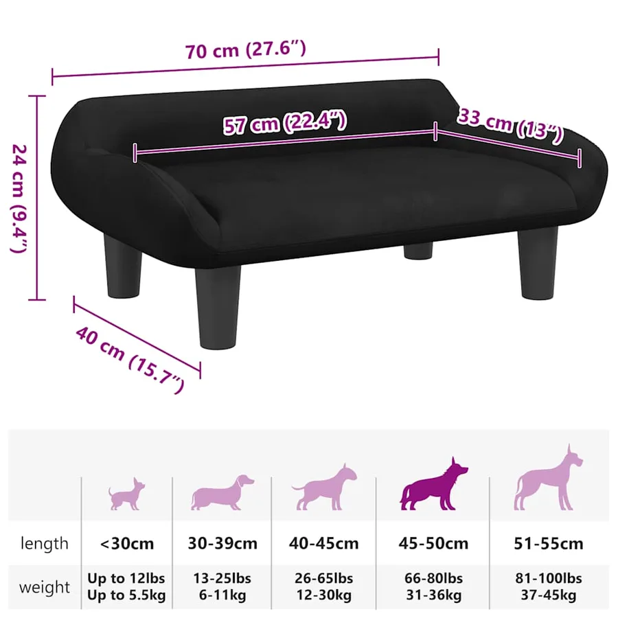 Lit pour chien noir 70x40x24 cm velours - 7