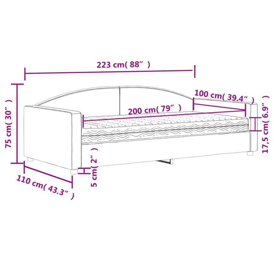 Lit de jour avec matelas crème 100x200 cm tissu - 12