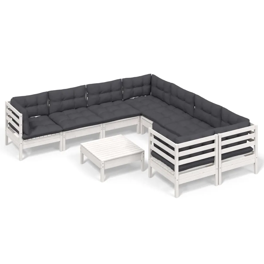 Salon de jardin 9 pcs avec coussins blanc bois de pin - 2