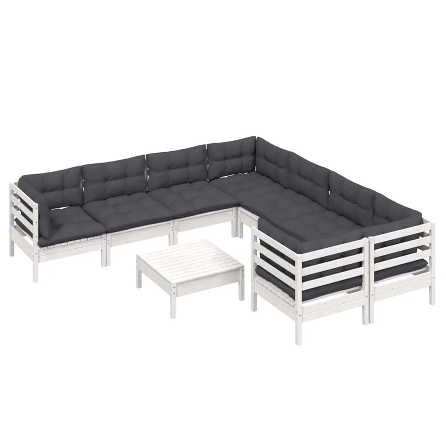 Salon de jardin 9 pcs avec coussins blanc bois de pin - 3