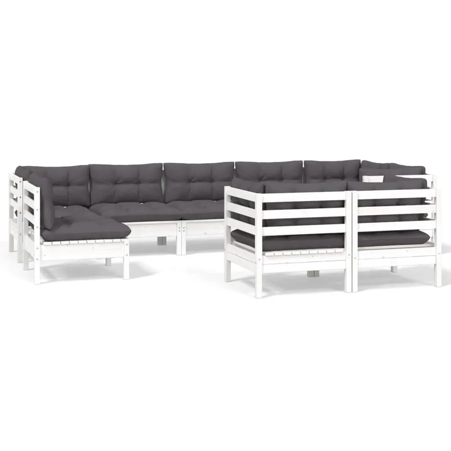 Salon de jardin 9 pcs avec coussins blanc bois de pin massif - 2