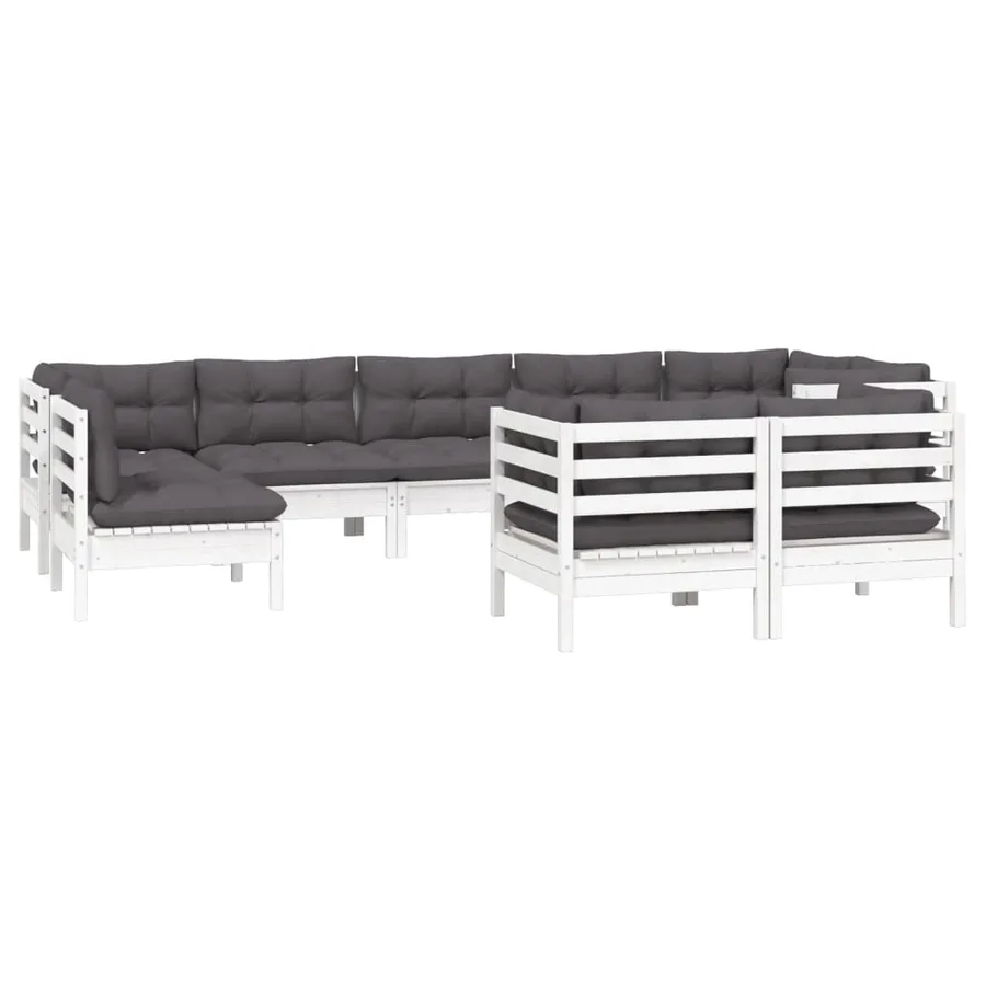 Salon de jardin 9 pcs avec coussins blanc bois de pin massif - 3