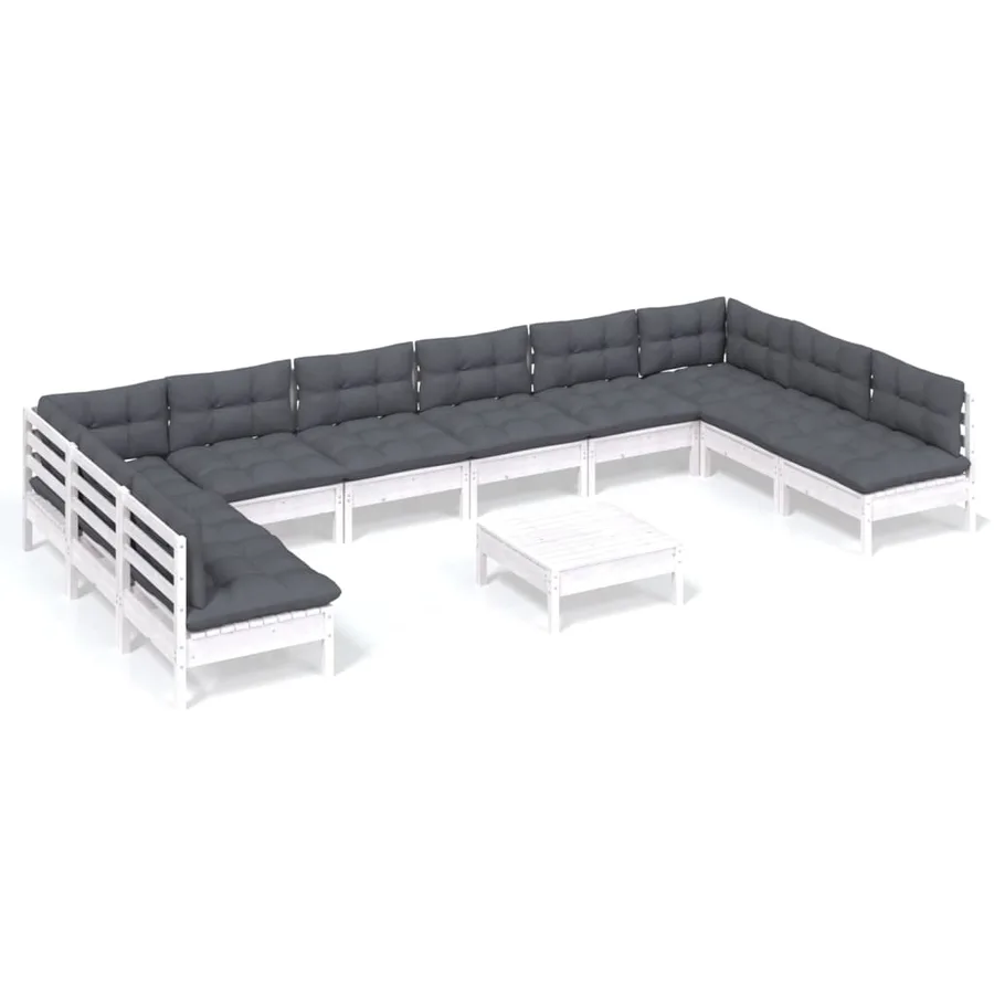 Salon de jardin 11 pcs avec coussins blanc bois de pin solide - 2