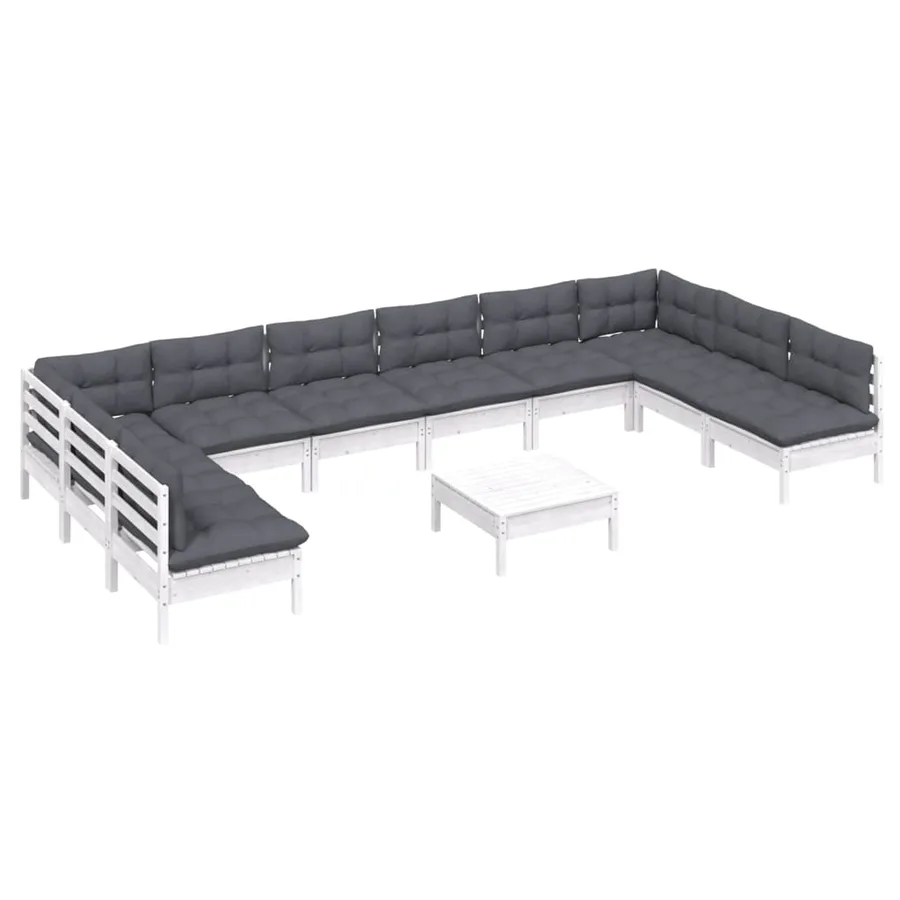 Salon de jardin 11 pcs avec coussins blanc bois de pin solide - 3