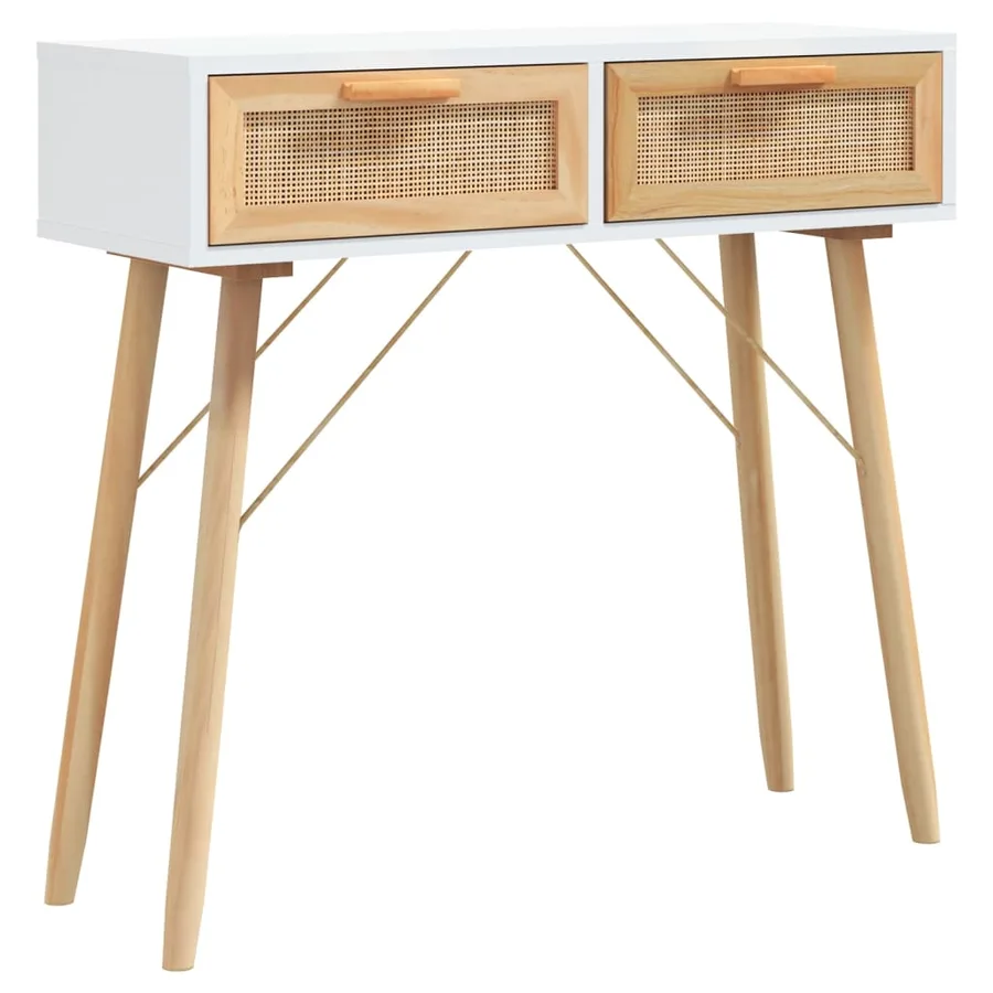 Table console Blanc 80x30x75 cm Bois massif pin /rotin naturel - 2