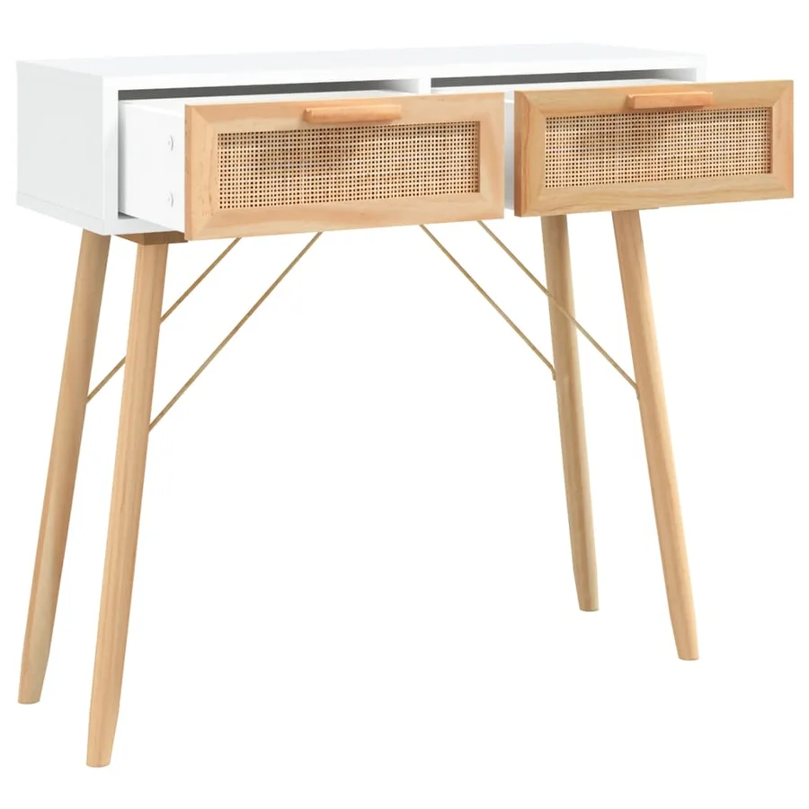 Table console Blanc 80x30x75 cm Bois massif pin /rotin naturel - 3