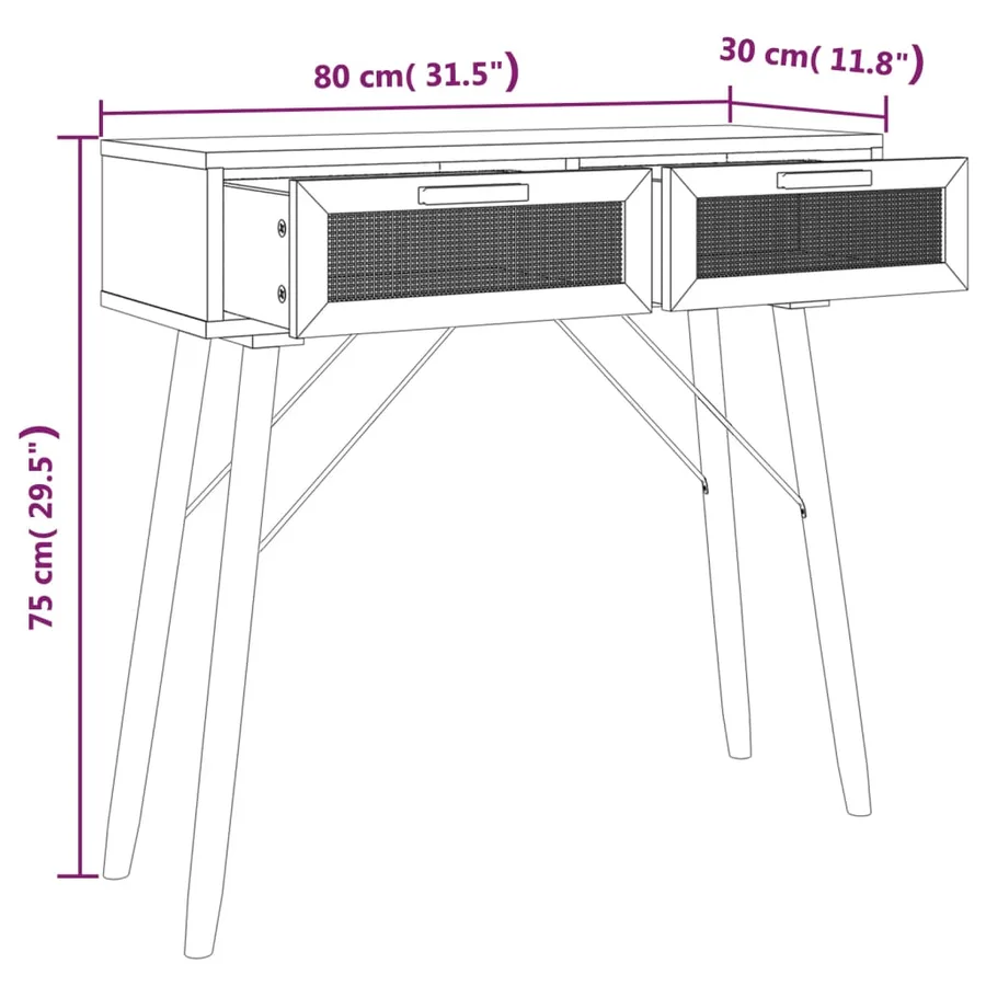 Table console Blanc 80x30x75 cm Bois massif pin /rotin naturel - 7