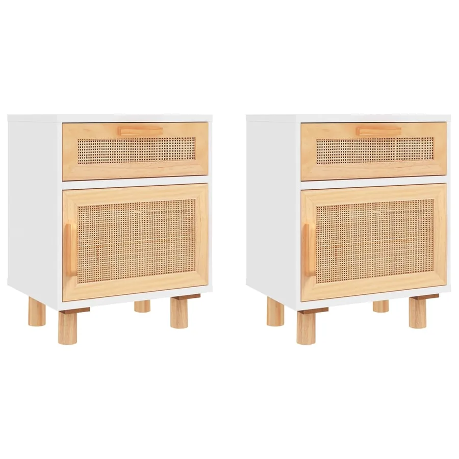 Tables de chevet 2pcs Blanc Bois de pin massif et rotin naturel - 2