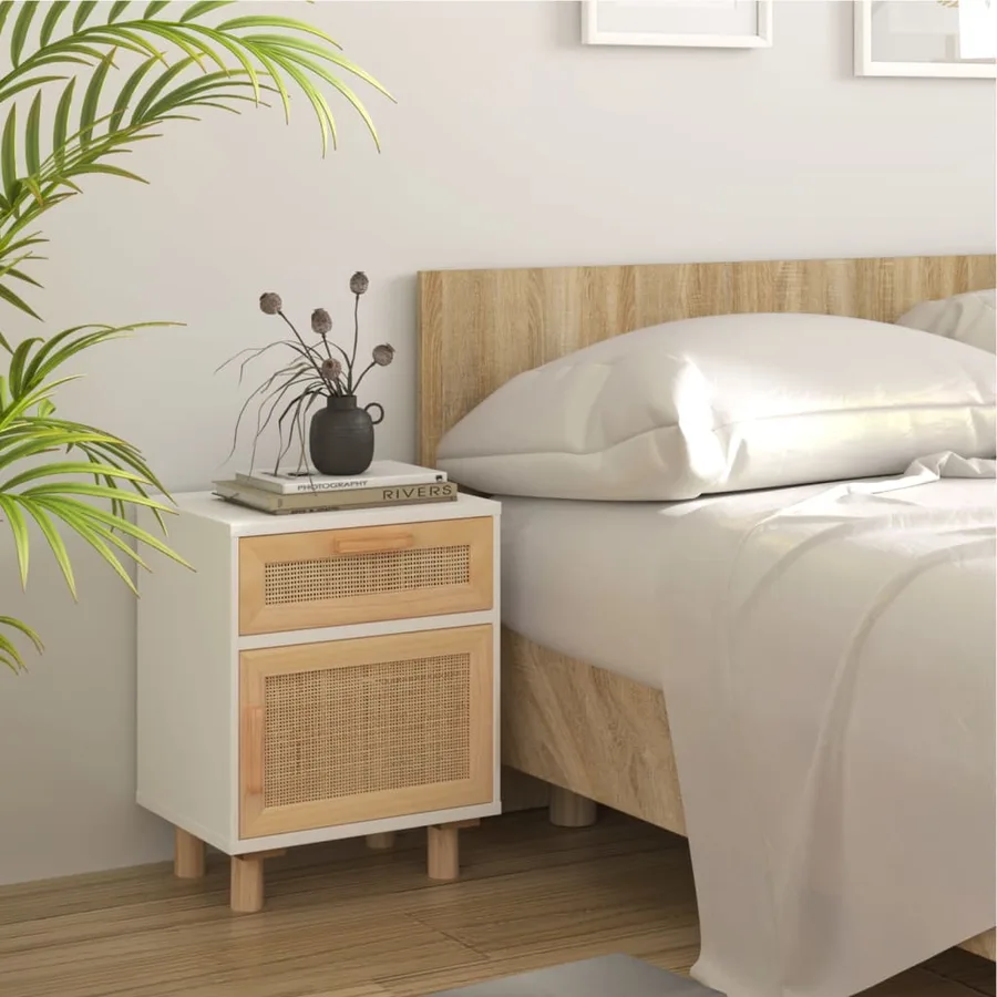 Tables de chevet 2pcs Blanc Bois de pin massif et rotin naturel - 3