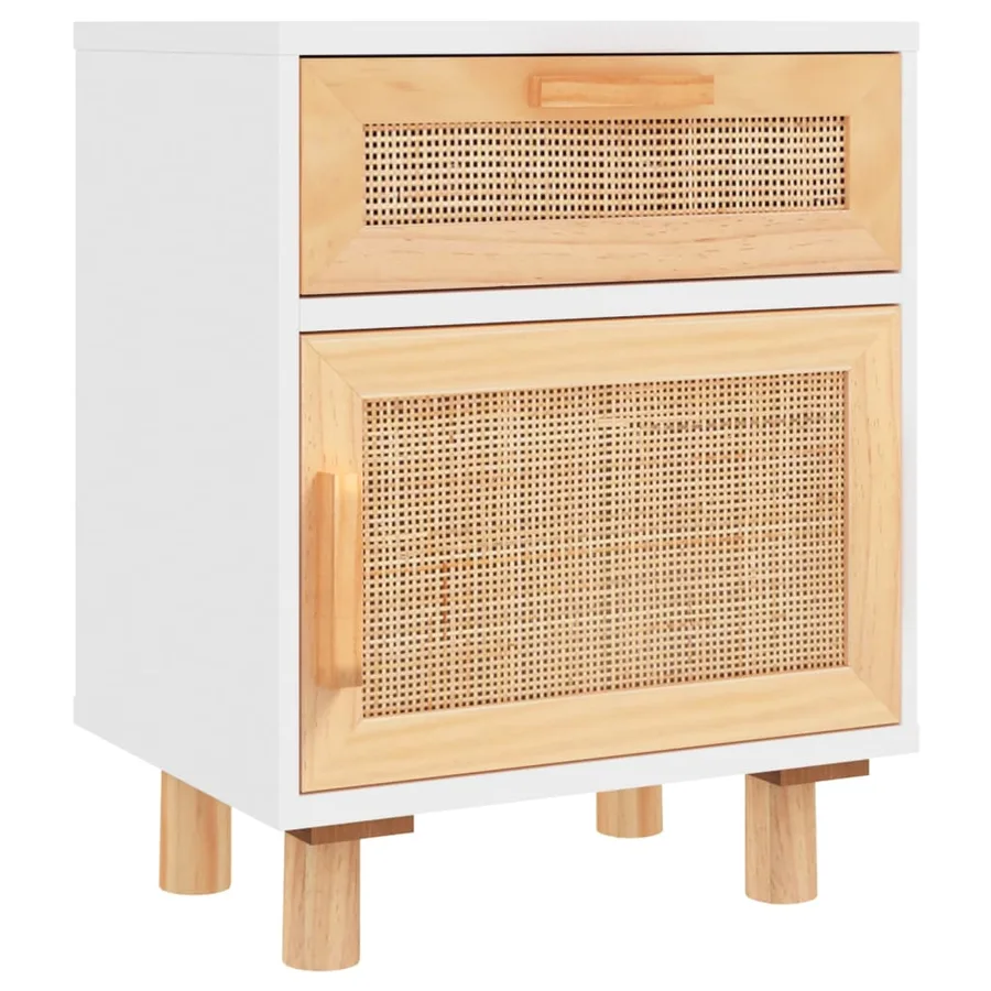 Tables de chevet 2pcs Blanc Bois de pin massif et rotin naturel - 4