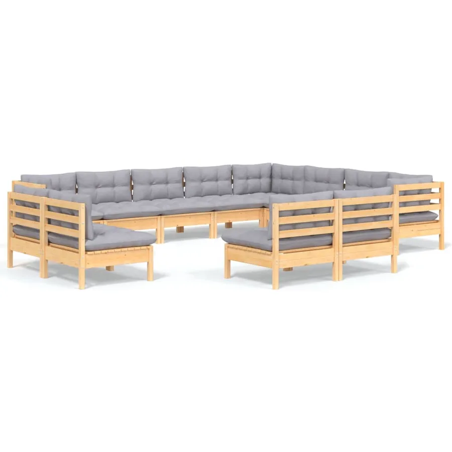 Salon de jardin 12 pcs avec coussins gris Bois de pin massif - 2