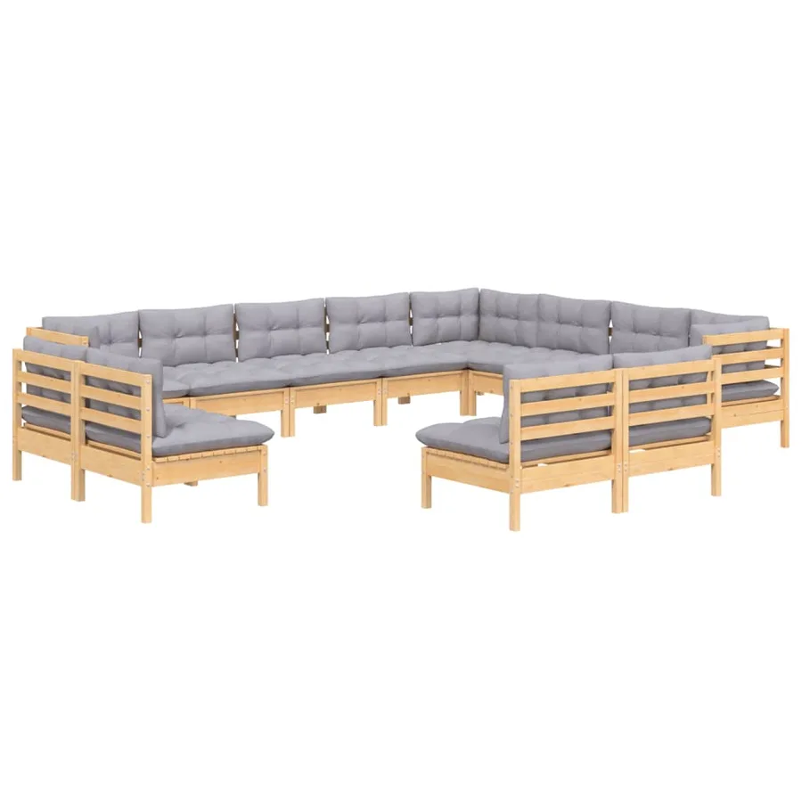 Salon de jardin 12 pcs avec coussins gris Bois de pin massif - 3
