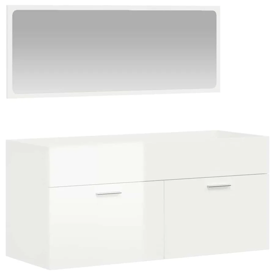 Armoire de bain avec miroir blanc brillant bois d'ingénierie - 2