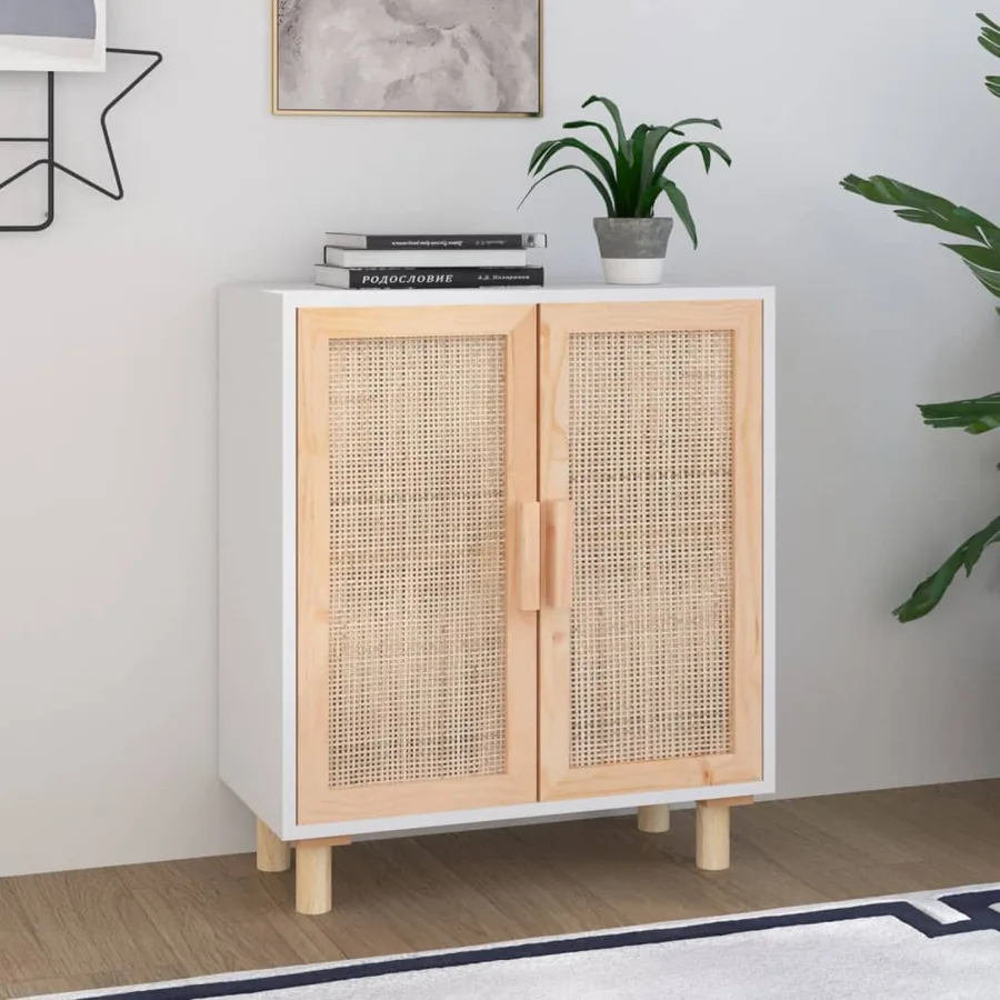 Buffet Blanc 60x30x70 cm Bois de pin massif et rotin naturel